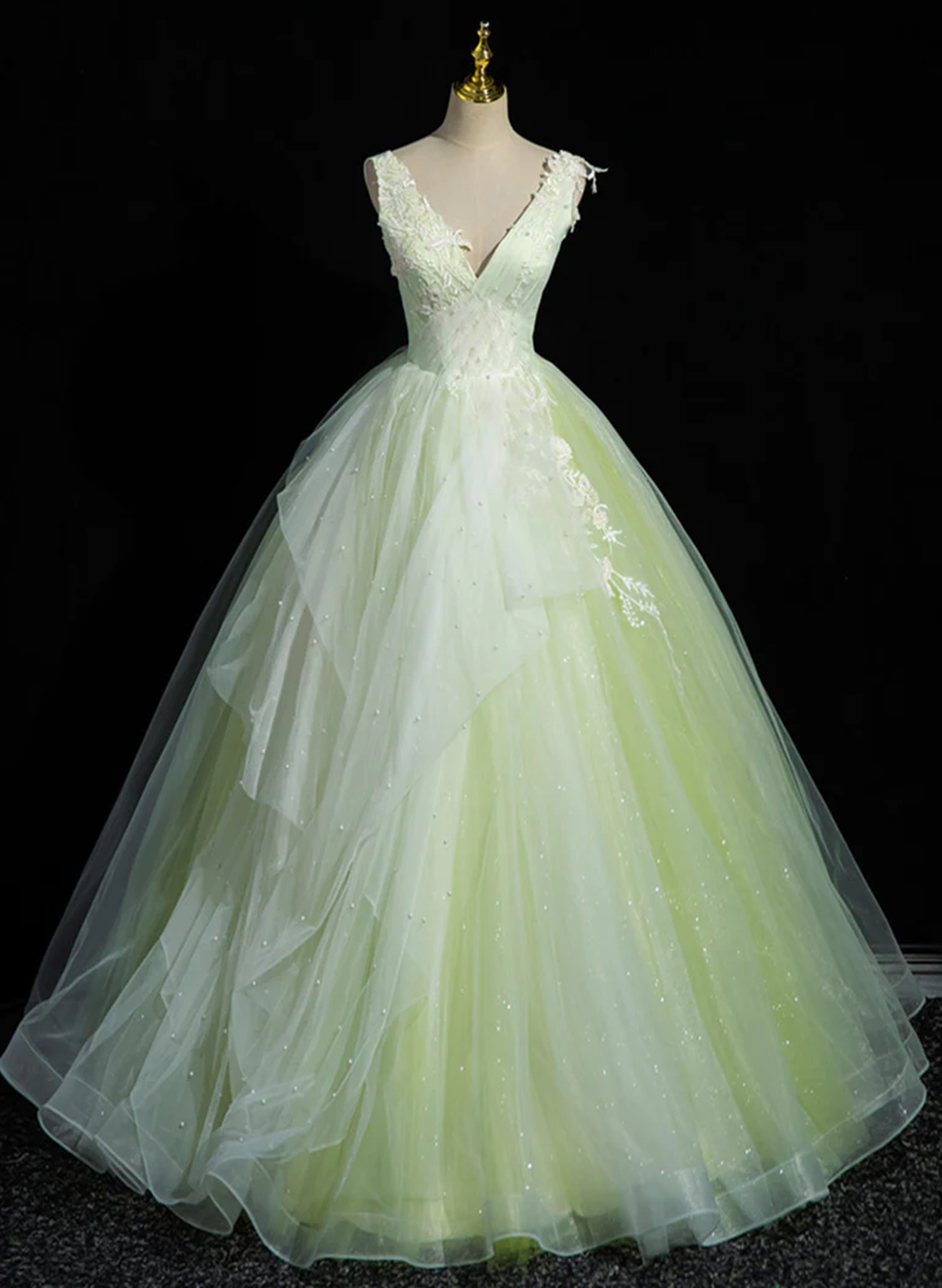 Solvbao Light Green V-neckline Tulle Sweet 16 Dress, Light Green Long Prom Dress Party Dress