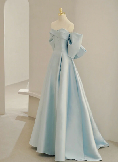 Solvbao Light Blue Chic Satin Off Shoulder Long Party Dress, A-line Light Blue Formal Dress