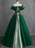 Solvbao Green Off Shoulder Tulle and Satin with Flowers Party Dress, Green Sweet 16 Dress