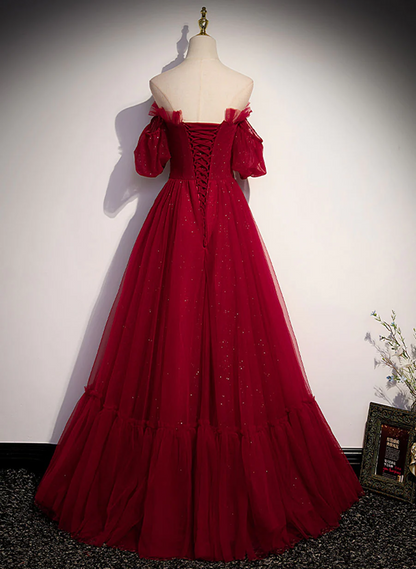 Solvbao Wine Red Off Shoulder Shiny Tulle Long Party Dress, Wine Red Floor Length Prom Dress