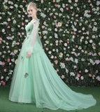 Solvbao Light Green Puffy Sleeves Long Formal Dress, Green Long Tulle Party Dress