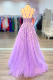 Solvbao A-line Tulle Princess Light Purple Prom Dress with Appliques, Tulle Straps Formal Dress