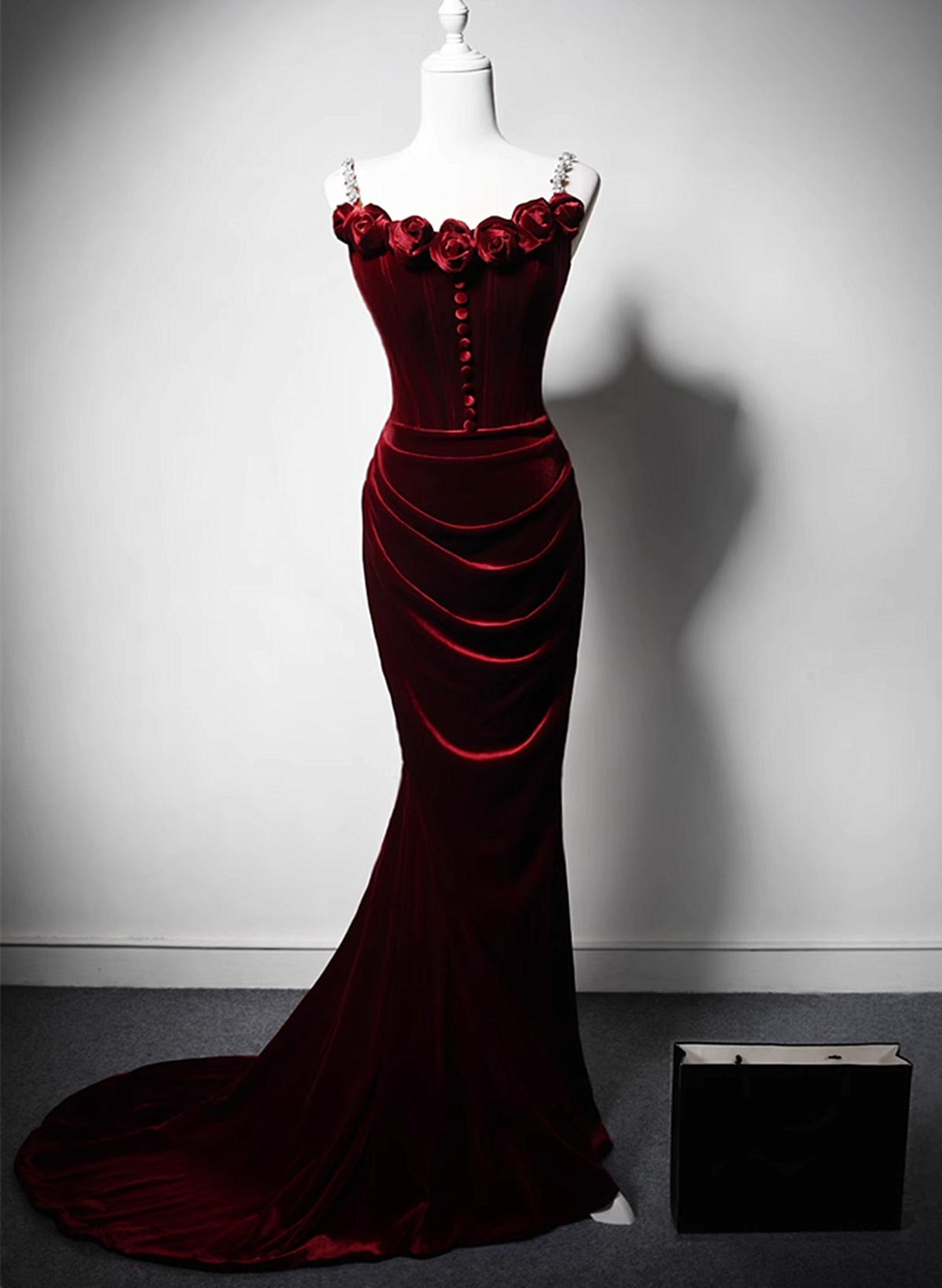 Solvbao Wine Red Velvet Mermaid Long Straps Evening Dress, Wine Red Velvet Party Dress