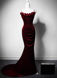 Solvbao Wine Red Velvet Mermaid Long Straps Evening Dress, Wine Red Velvet Party Dress