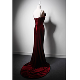 Solvbao Wine Red Velvet Mermaid Long Straps Evening Dress, Wine Red Velvet Party Dress