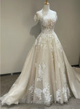 solvbao Lovely Round Neckline Tulle with Lace Applique Wedding Party Dress, Tulle Wedding Dress