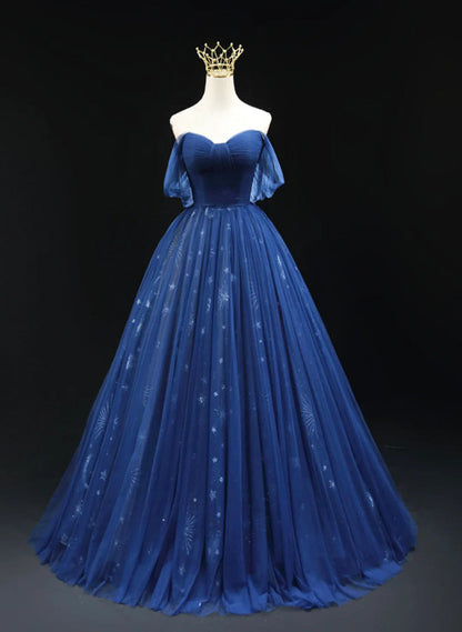 Solvbao Blue A-line Sweetheart Tulle Long Party Dress, Blue Tulle Evening Dress Prom Dress