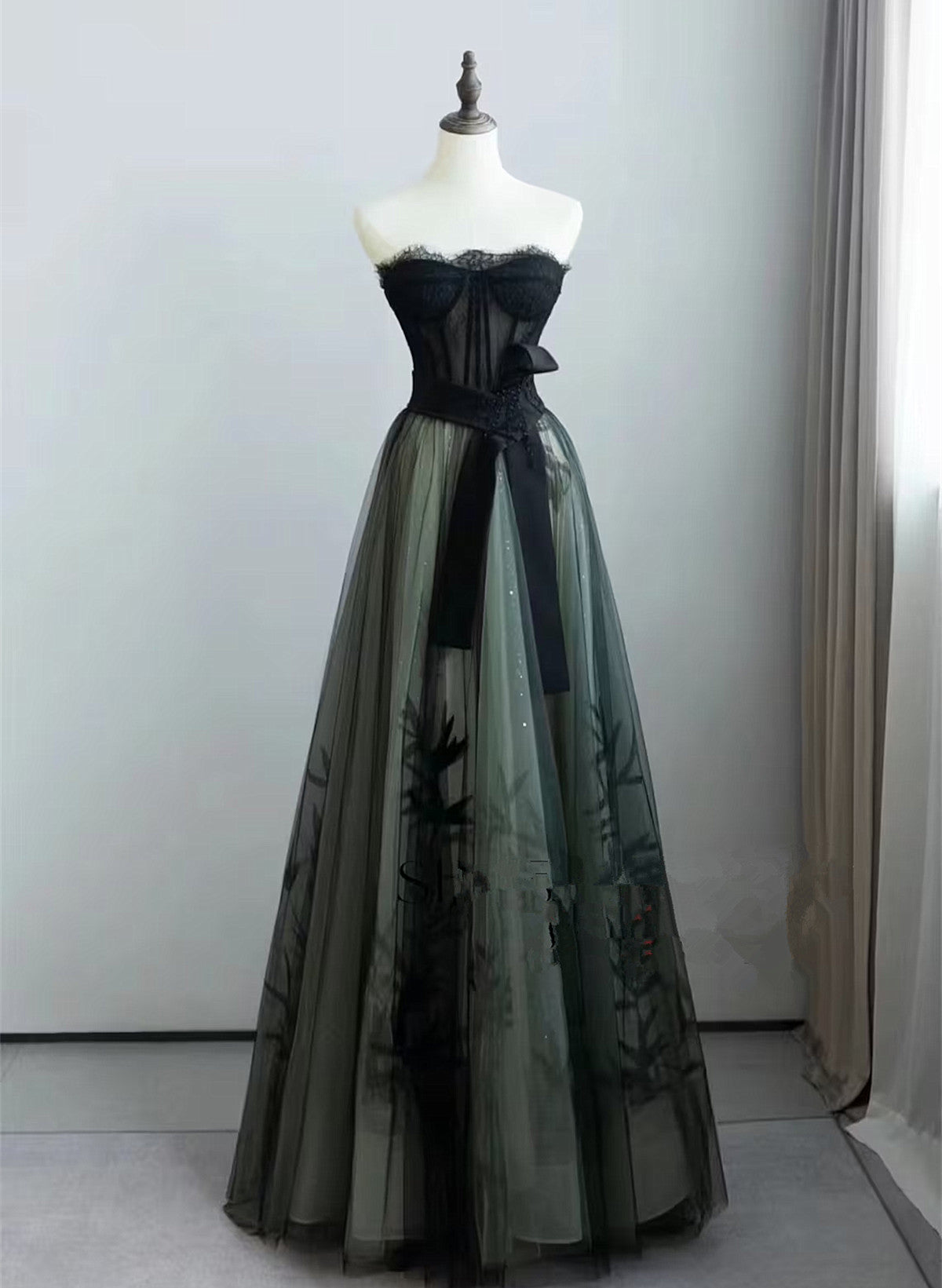 solvbao Elegant Green and Black A-line Long Formal Dress, Tulle with Lace Prom Dress