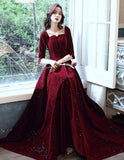 Solvbao Wine Red Velvet Short Sleeves Long Wedding Party Dress, Wine Red Prom Dress