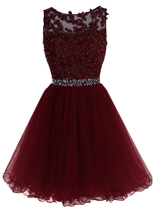 solvbao Maroon Tulle Lace and Beaded Homecoming Dress, Lovely Blue Formal Dress