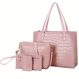 4pcs Crocodile Pattern Tote Bag Set, Women's Vintage Handbag With Crossbody Bag Wristlet Clutch Purse Card Holder