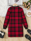 Elegant Two-Tone Plaid & Ribbed Christmas Dress with Belt for Teens - Long Sleeve, Stretch Fabric, Perfect for Spring/Fall