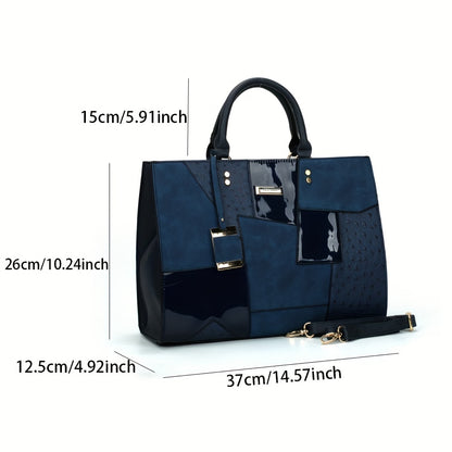 solvbao  Stitching Large Capacity Tote Bag, PU Leather Textured Satchel Bag, Casual Versatile Commuter Bag