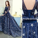 solvbao Navy Blue Tulle Puffy Sleeves Long A-line Prom Dress, Navy Blue Formal Dress