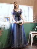 Solvbao Blue A-line Tulle Prom Dress Party Dress, Short Sleeves Long Formal Dress