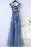 Solvbao Chic Blue Tulle Scoop Neckline Full-length Bridesmaid Dress, Blue Lace Applique Party Dress