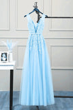 solvbao Charming Light Blue V-neckline Tulle Bridesmaid Dress, A-line Prom Dress