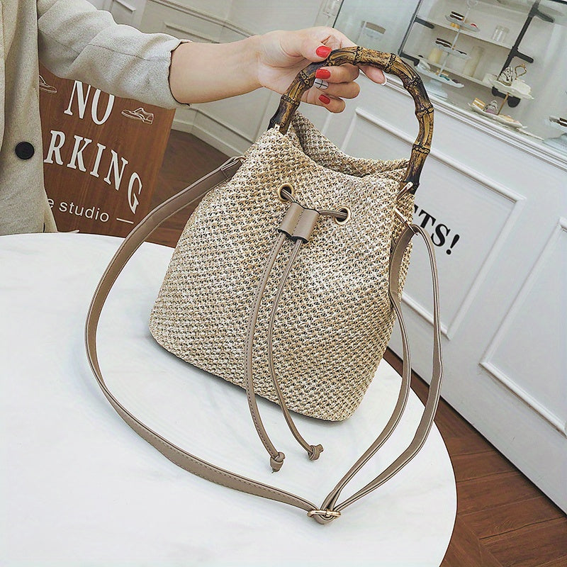 solvbao Bamboo Handle Straw Bag, Women's Drawstring Design Bucket Bag, Trendy Summer Beach Handbag