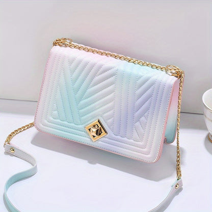 solvbao  Gradient Color Crossbody Bag, Trendy Rainbow Chain Shoulder Bag, Embossed Square Purse For Women