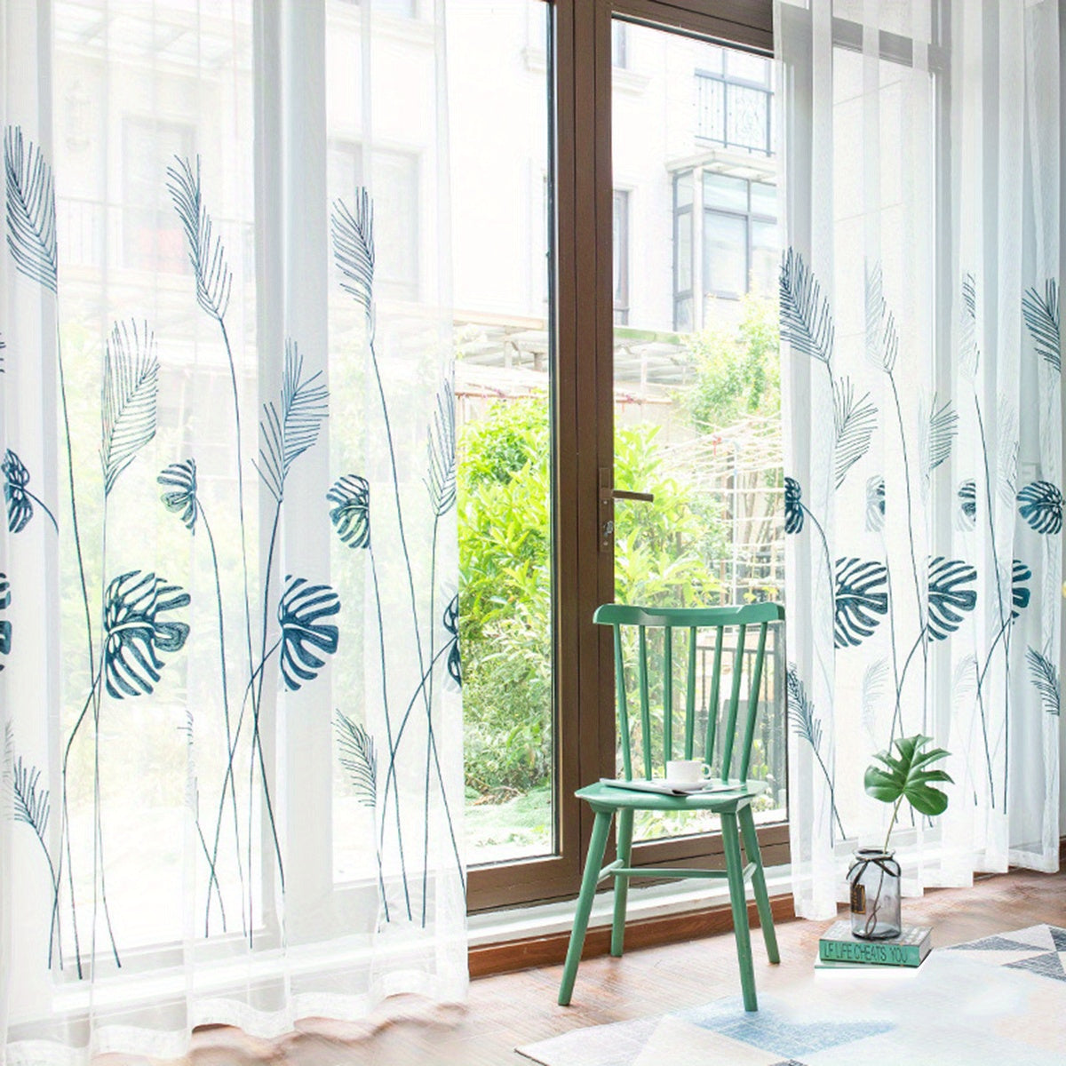 1pc Thin Embroidered Sheer Curtain With Banana Leaf Pattern, Pastoral Style White Embroidered Window Curtain, Rod Pocket, Suitable For Living Room And Bedroom Home Decoration