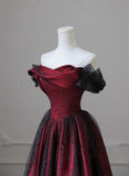 solvbao Black and Red Long Party Dress, Off Shoulder Tulle A-line Prom Dress