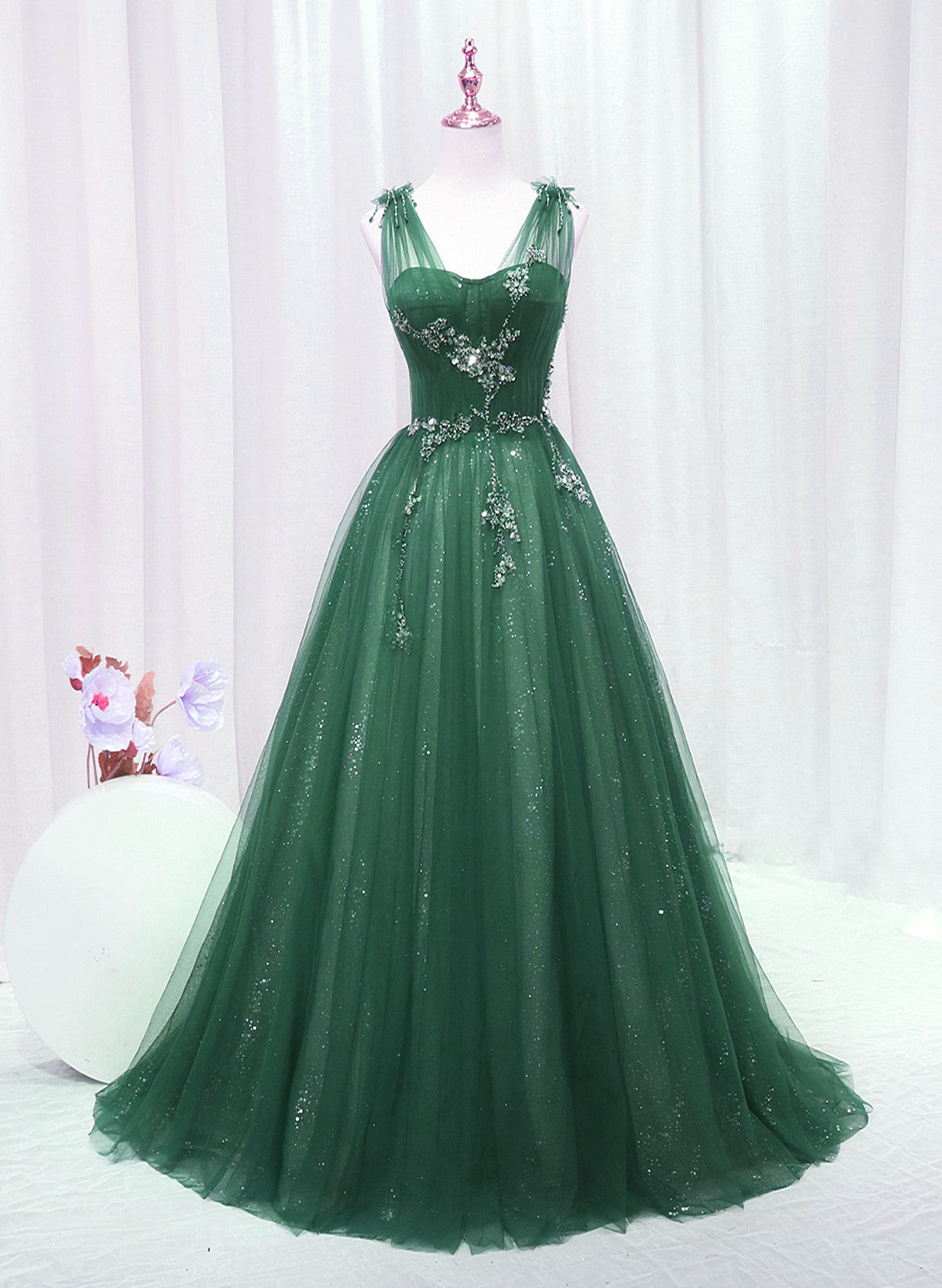 Solvbao A-line Tulle V-neckline Sweetheart Beaded Long Party Dress, Gree Tulle Prom Dress