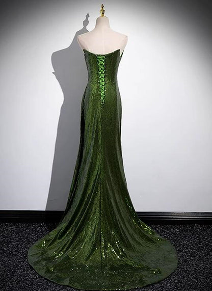 Solvbao Green Sequins Mermaid Long Prom Dress with Leg Slit, Green Sequins Party Dress