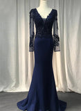 Solvbao Navy Blue Mermaid Spandex Long Sleeves Prom Dress, Navy Blue Evening Dress