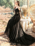 solvbao Black A-line Off Shoulder Tulle Beaded Prom Dress, Black Long Evening Dress