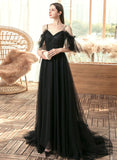 solvbao Black A-line Off Shoulder Tulle Beaded Prom Dress, Black Long Evening Dress