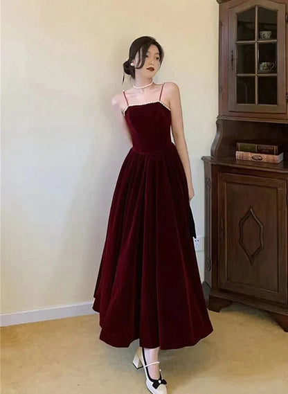 Solvbao A-line Straps Wine Red Velvet Long Formal Dress, Wine Red Prom Dress