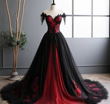 solvbao Elegant Black and Red Tulle with Lace Off Shoulder Gown, Black and Red Prom Dress