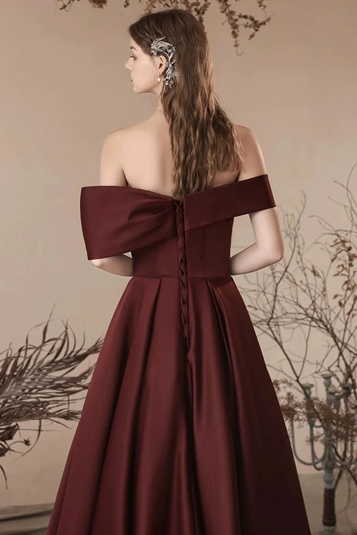 solvbao Chic Burgundy Satin Off Shoulder Party Dress, Satin Simple Prom Dress