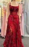 solvbao Wine Red Lace Scoop Straps A-line Prom Dress, Wine Red Evening Dress