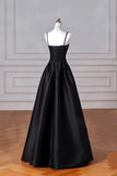 solvbao A-line Satin Black Long Party Dress, Black Sweetheart Straps Prom Dress