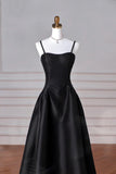 solvbao A-line Satin Black Long Party Dress, Black Sweetheart Straps Prom Dress