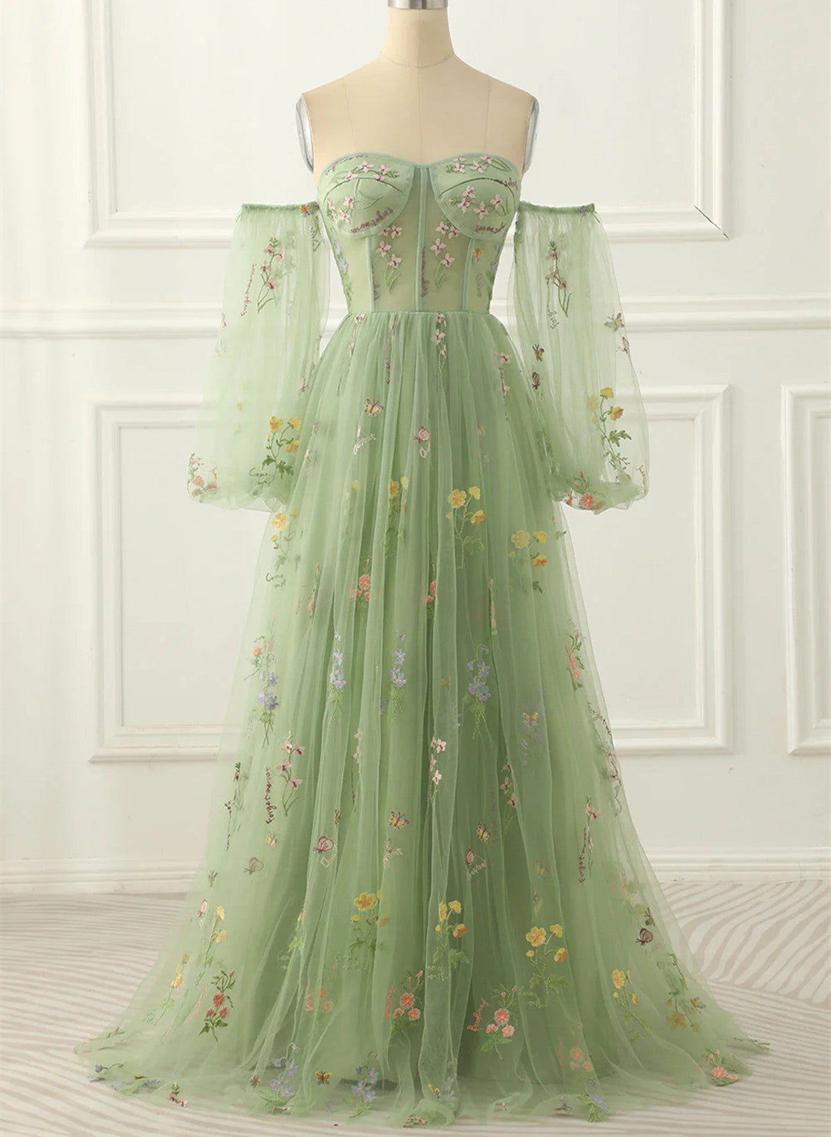 solvbao Light Green Tulle Floral Sleeves Long Party Dress, A-line Light Green Prom Dress