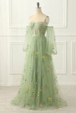 solvbao Light Green Tulle Floral Sleeves Long Party Dress, A-line Light Green Prom Dress