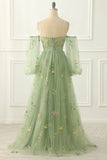 solvbao Light Green Tulle Floral Sleeves Long Party Dress, A-line Light Green Prom Dress