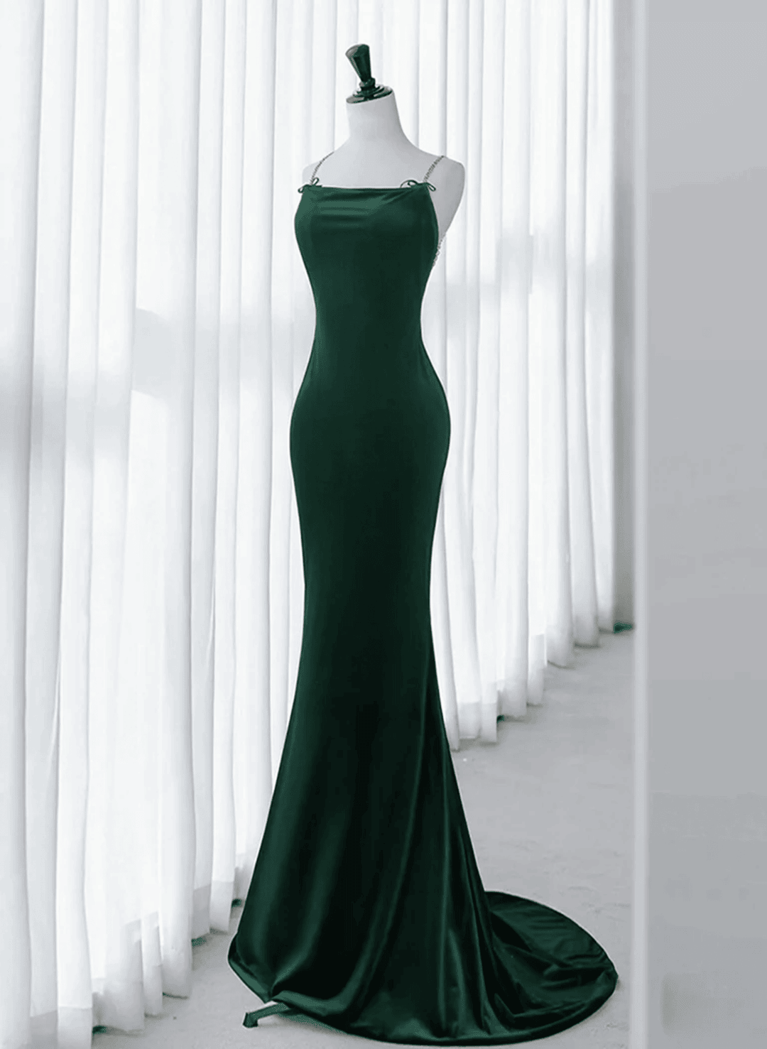 Solvbao Mermaid Green Straps Backless Long Velvet Prom Dress, Green Party Dress