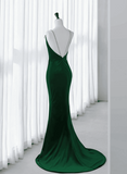 Solvbao Mermaid Green Straps Backless Long Velvet Prom Dress, Green Party Dress