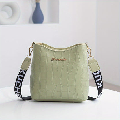 solvbao  Crocodile Pattern Bucket Bag, Wide Strap Shoulder Bag, Women's Crossbody Purse (7.2*6.7*2.7) Inch