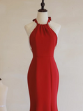 Solvbao Red Mermaid Halter Long Evening Dress, Red Backless Formal Dress Prom Dress