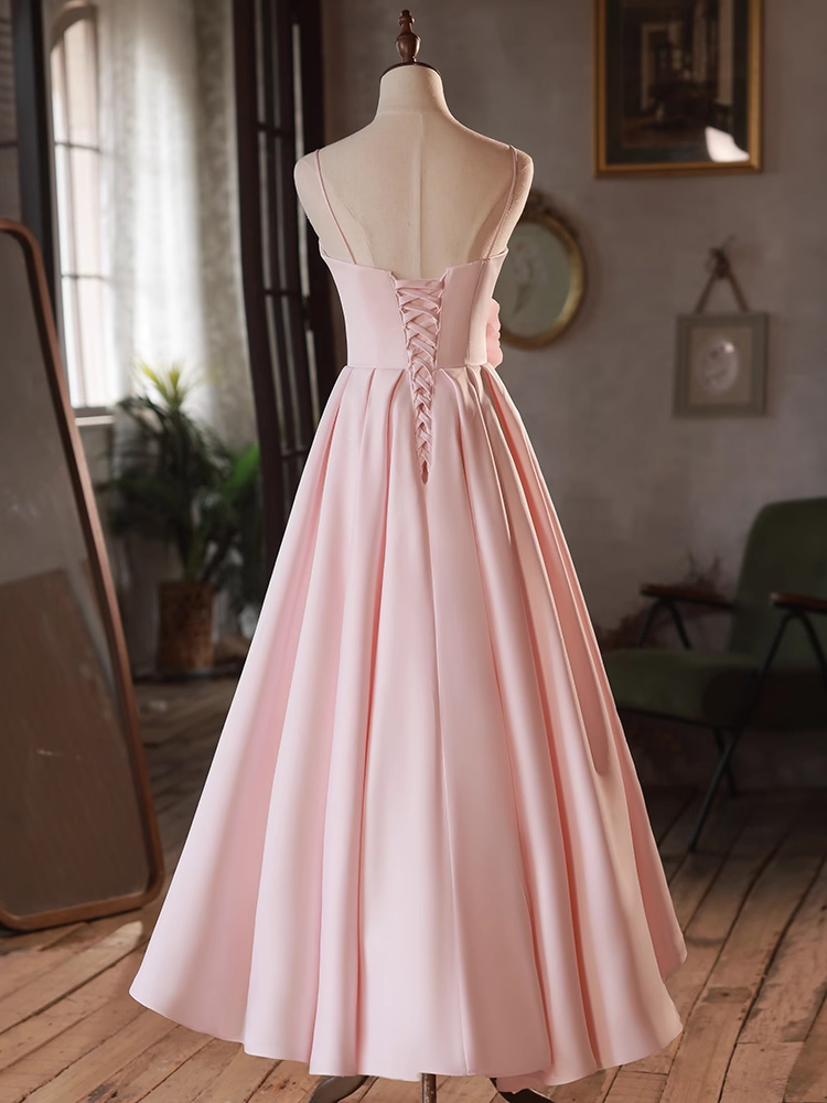 Solvbao Pink Straps Sweetheart Long Satin Wedding Party Dress, Pink Formal Dress Prom Dress