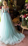 Solvbao Mint Green 3D Flowers Lace Tulle Off Shoulder Party Dress, A-line Long Formal Dress