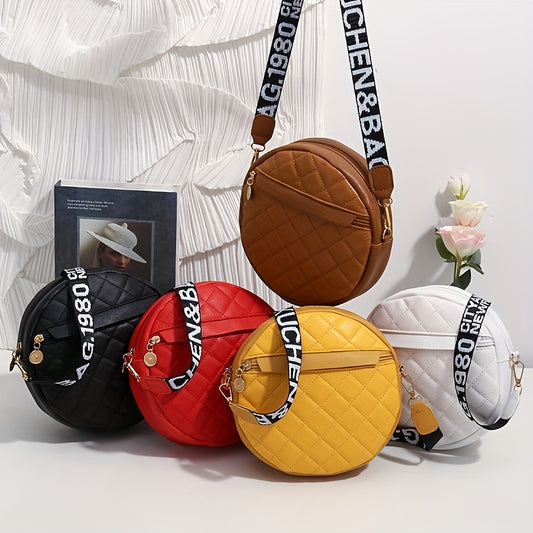 solvbao  Letter Graphic Quilted Circle Bag, Faux Leather Round Argyle Quilted Crossbody Bag, Mini Faux Leather Zipper Shoulder Bag With Wide Strap (7.7*7.9*2.2)inch