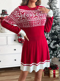 Elegant Christmas Knit Sweater Dress - Chic Long Sleeve, Crew Neck with Festive Pattern & Contrast Trim, Acrylic Fiber