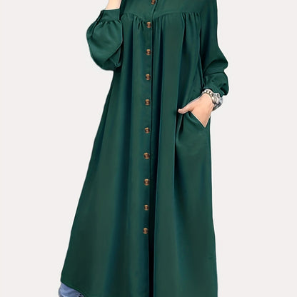 solvbaoButton Front Ruched Abaya, Modest Puff Sleeve Maxi Dress, Women's Clothing