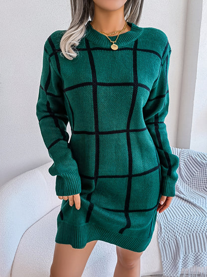 solvbaoColor Block Plaid Round Neck Long Sleeve Sweater Dress, Bag Hip Casual Bodycon Loose Dress, Women's Clothing