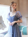 Solvbao Blue A-line Tulle Prom Dress Party Dress, Short Sleeves Long Formal Dress